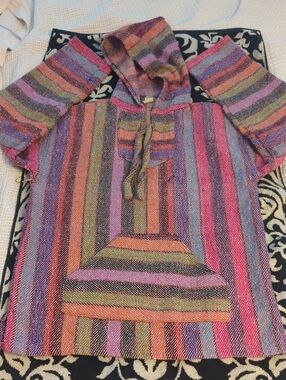 Huge Molina Pink Blue Green Orange Striped Hooded Mexican Poncho Made In Mexico